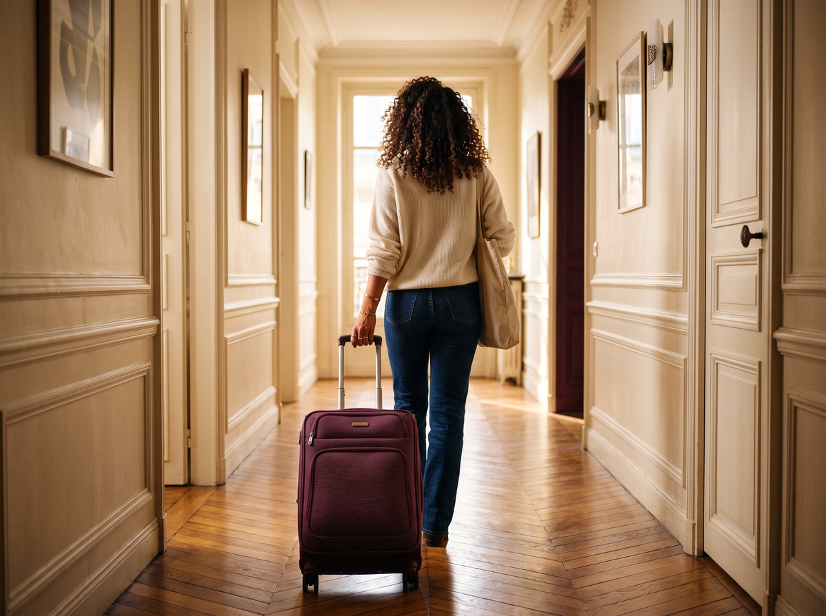 Femme tirant une valise dans un couloir haussmannien
