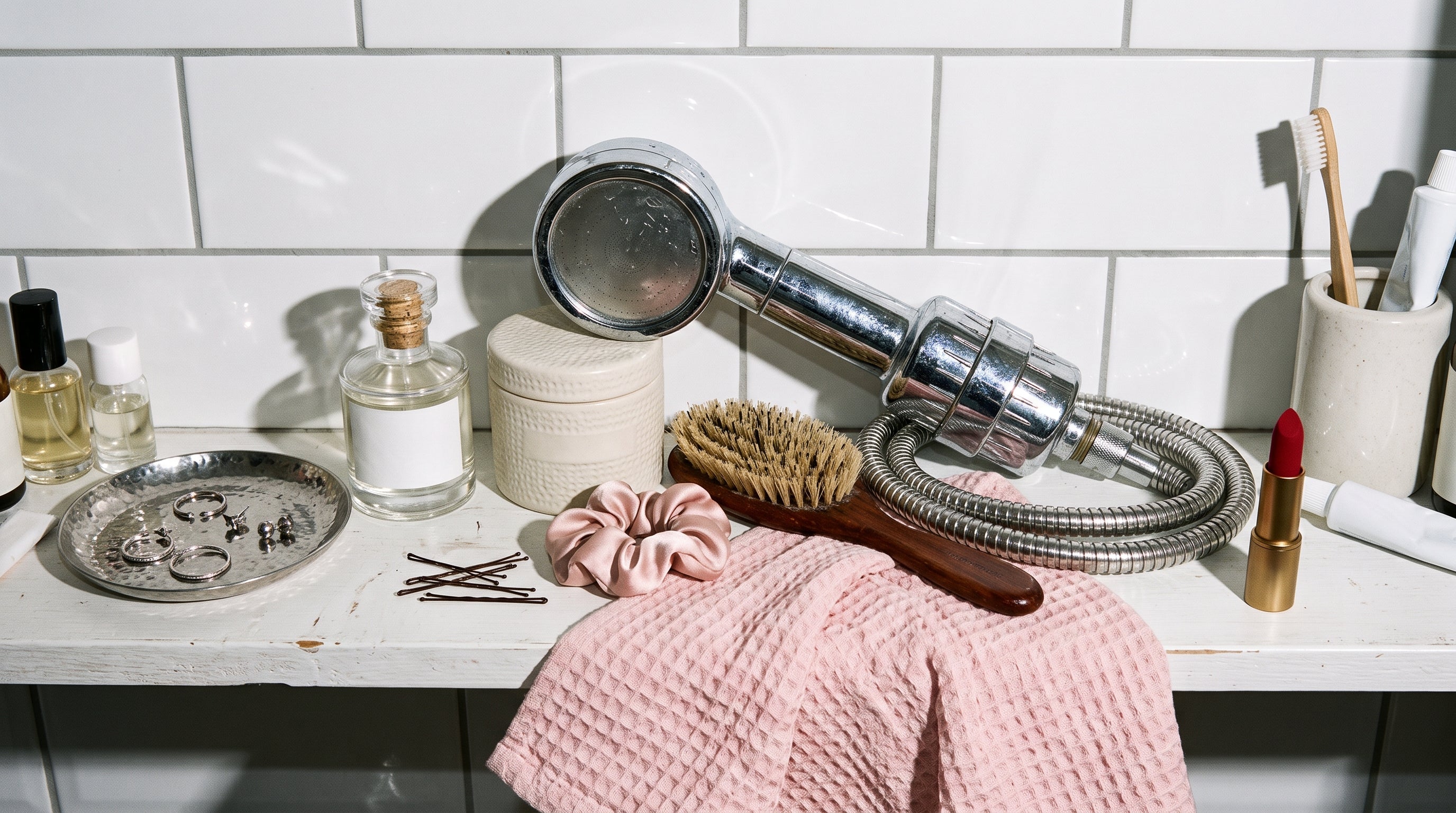 Le pommeau Aurdent parmi les produits d'une routine beauté, étagère de salle de bain