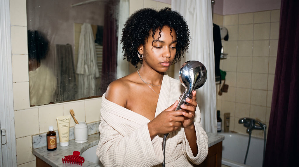Femme aux boucles définies découvrant le pommeau Aurdent dans sa salle de bain
