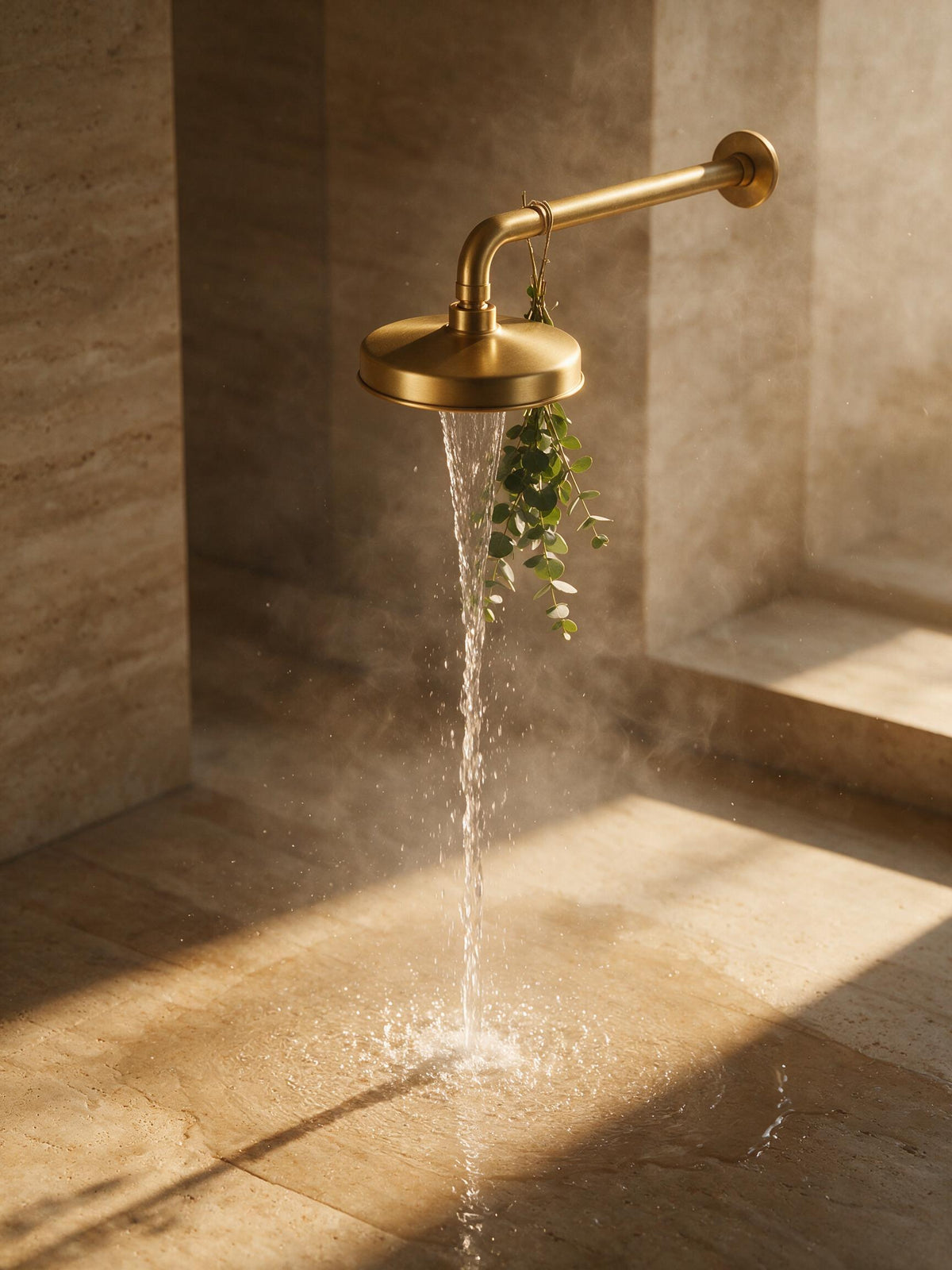 Pommeau de douche filtrant Aurdent avec eau coulant dans la lumière du matin