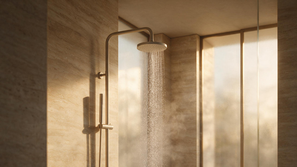Douche premium avec pommeau filtrant Aurdent et mur en travertin